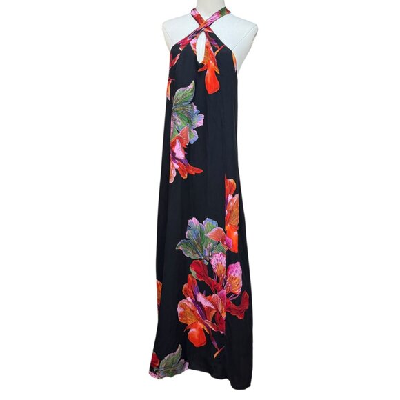 Maeve Anthropologie Silk Floral Halter Maxi Dress BlackTropical Print Size L - Picture 1 of 10